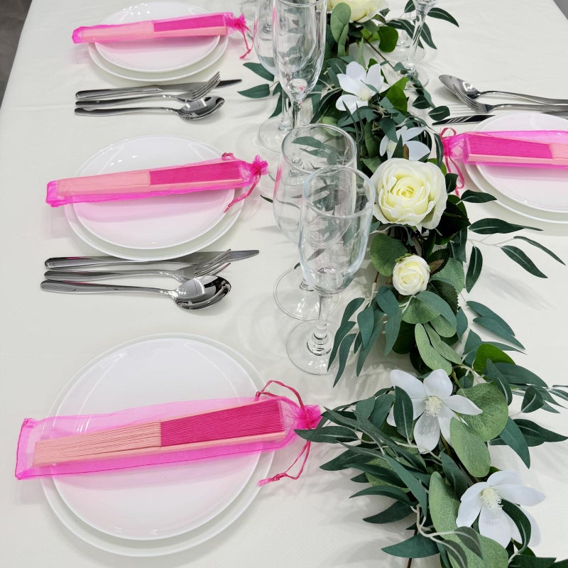 SL crafts 24pcs Imitated Silk Hand Fan Imitated Silk Fabric Bamboo Handheld Folded Fan Bridal Dancing Props Church Wedding Party Favors with Organza Bags (Hot Pink) - Image 3